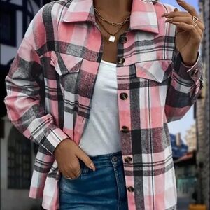 Pink and Gray Plaid Button-Up Shirt